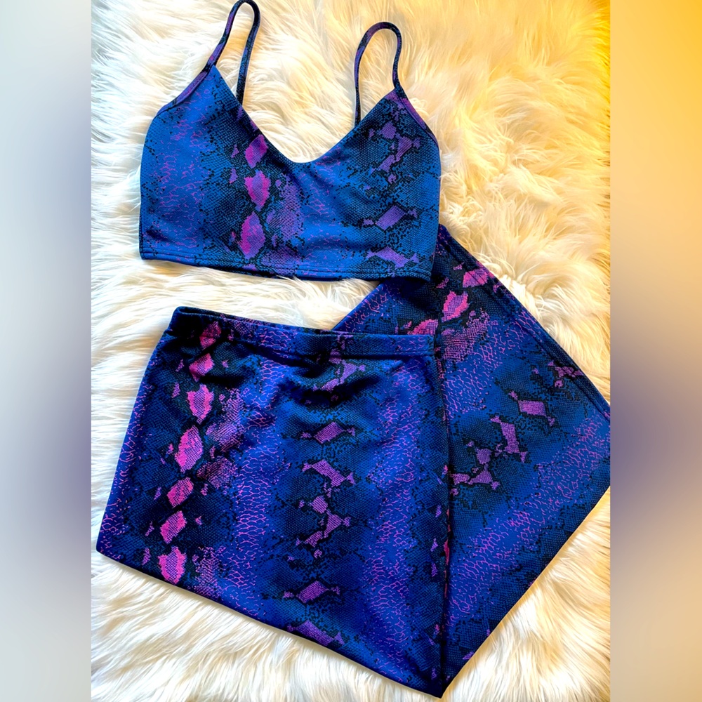 Missguided Crop Tank Midi Skirt Set Blue Snake Print Size 6